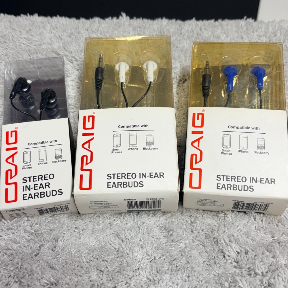 Craig Stereo In-Ear Earbuds 3 Pack‎ Bundle Black White Blue 3.5mm Jack CHP4807